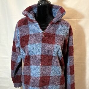 Eddie Bauer Women's Sherpa Fleece Pullover Red Blue Buffalo Plaid Quarter Zip S